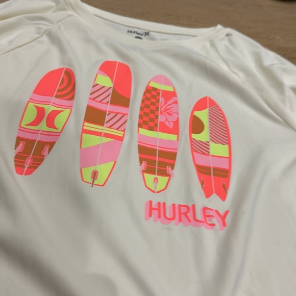 Hurley White Long Sleeve with Pink and Yellow Surfboards 10/12 NWT - Picture 2 of 4